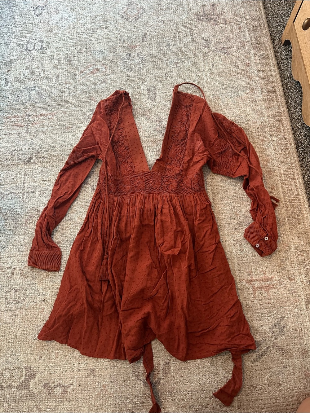 Deep V Rust Mini Dress with Smocked Waist